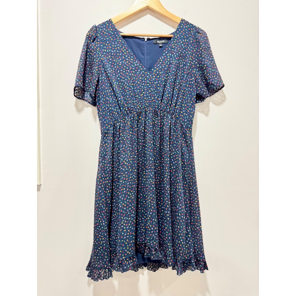 Madewell Navy Blue Multicolor Confetti Clip Dot Ruffle Hem Mini Dress Size 2